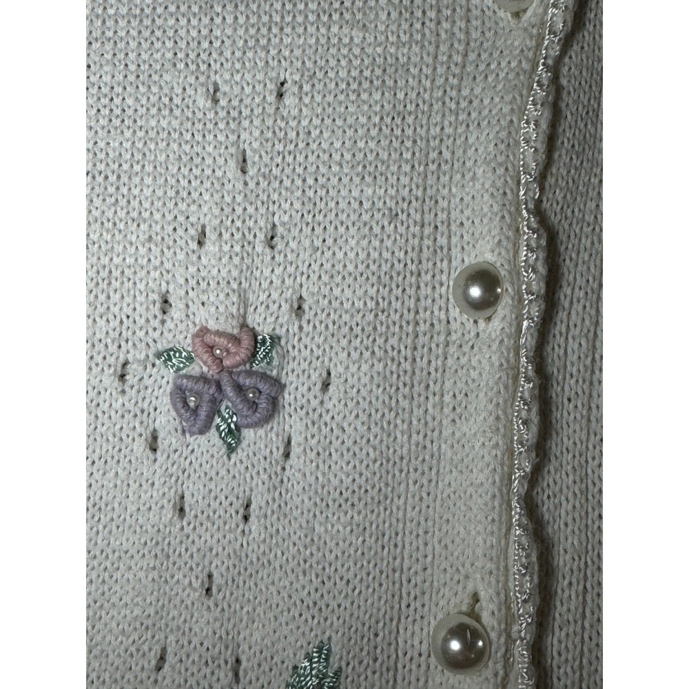 Vintage Koret Cardigan Sweater Womens S Cream Floral Embroidered Scalloped Knit‎ - Picture 11 of 14